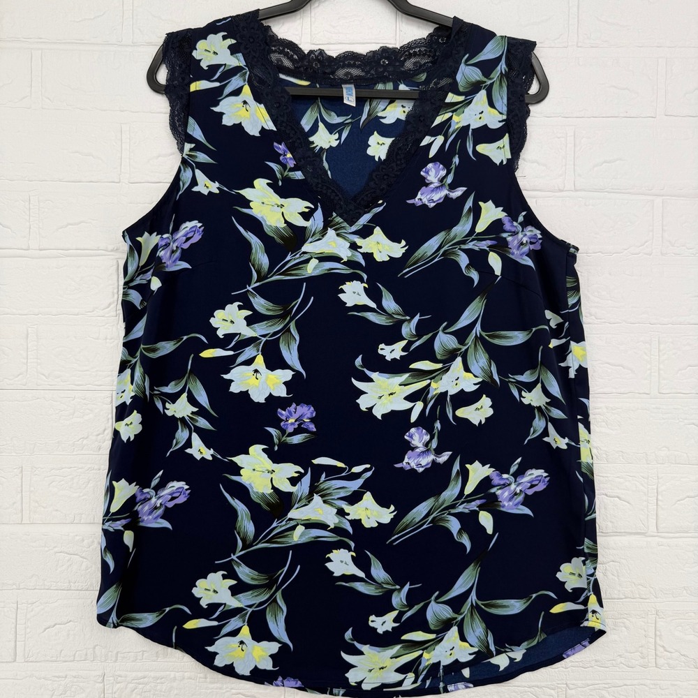 VIISHOW Floral Blouse Women Size L Navy Blue Lace Trim V-Neck Sleeveless Tank